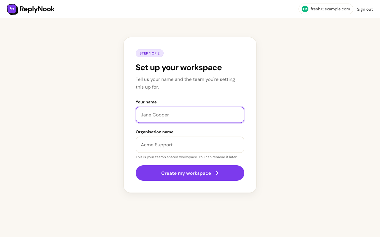 Naming your ReplyNook workspace during onboarding