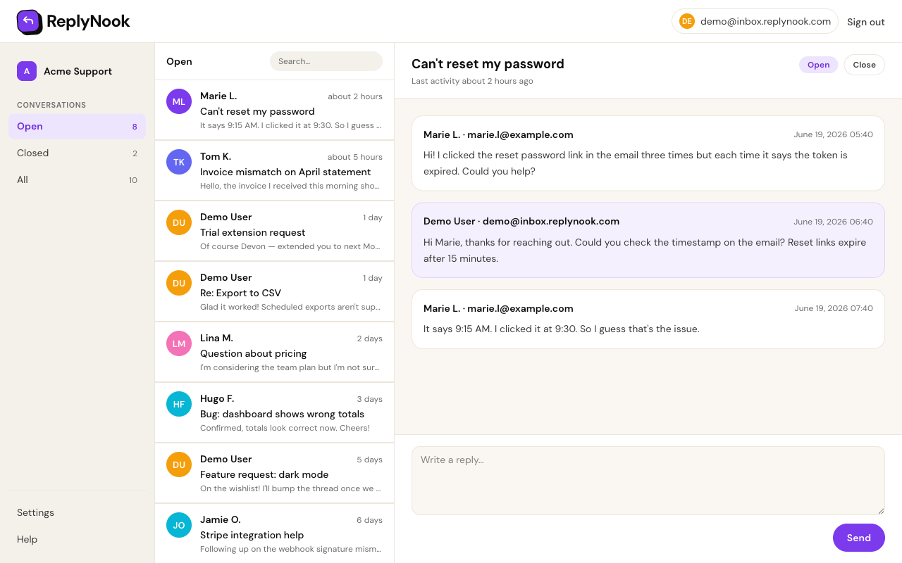 The ReplyNook shared inbox with a conversation open
