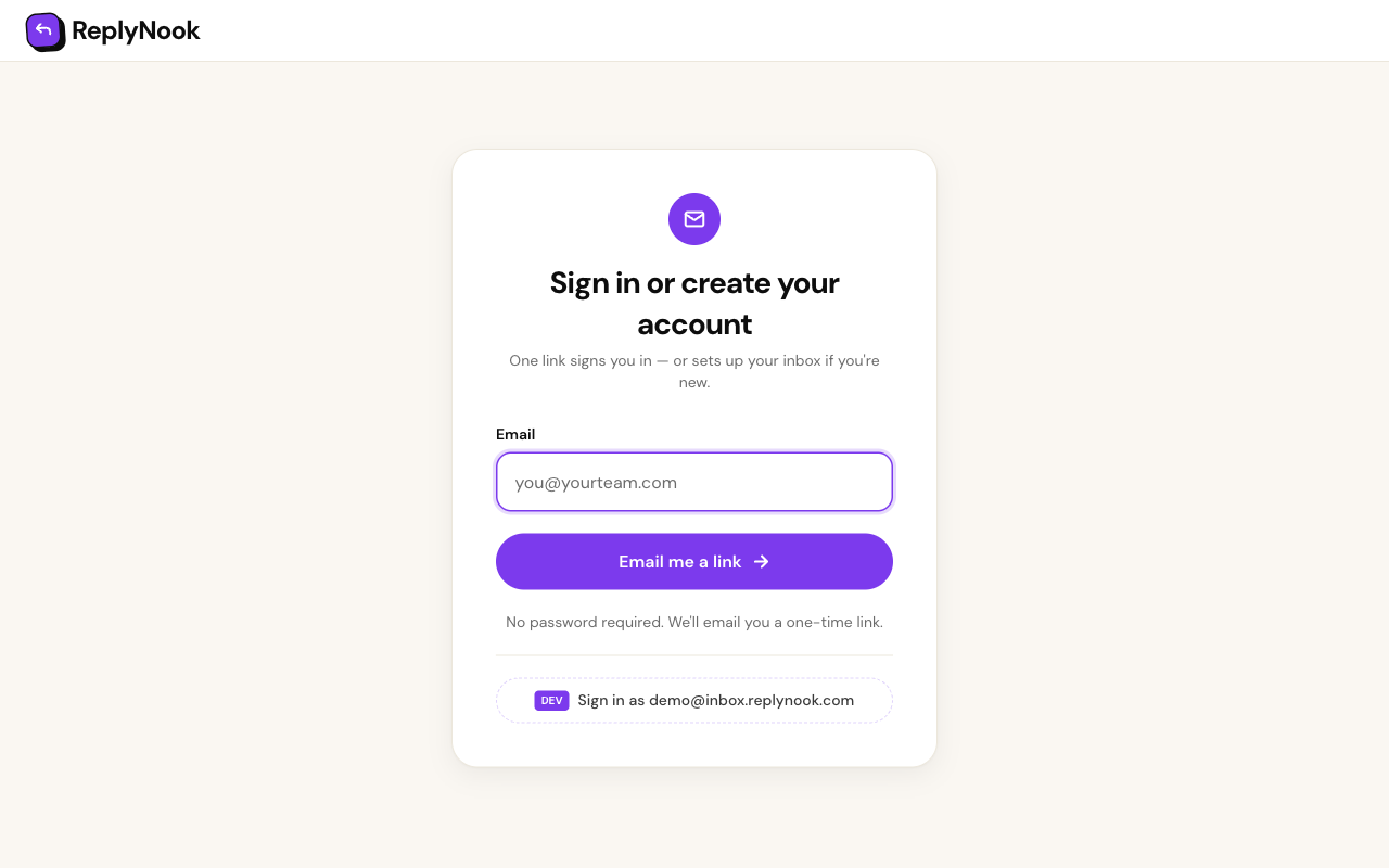 ReplyNook magic-link sign-in screen